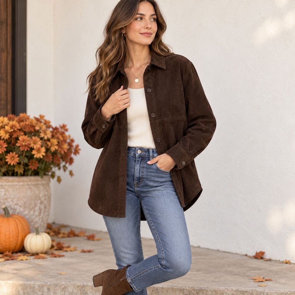 Chadwicks Jacket Womens Large Brown Suede Leather Button Front Collared Shacket